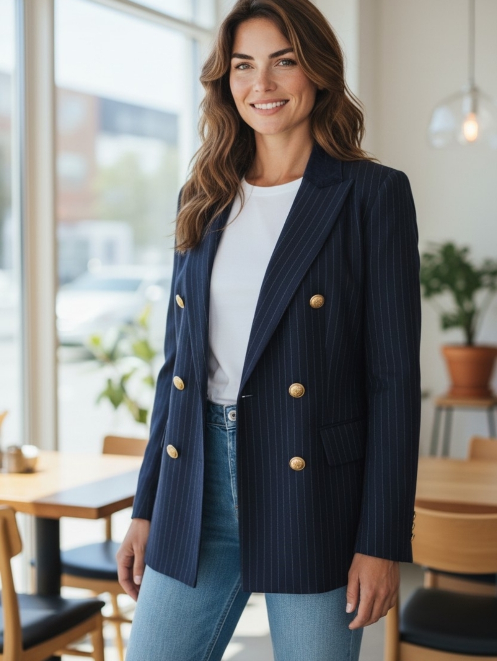 Jones New York Blazer Dsrk Blue Pinstripe Tailored Tuxedo Military Jacket Office - Picture 16 of 16